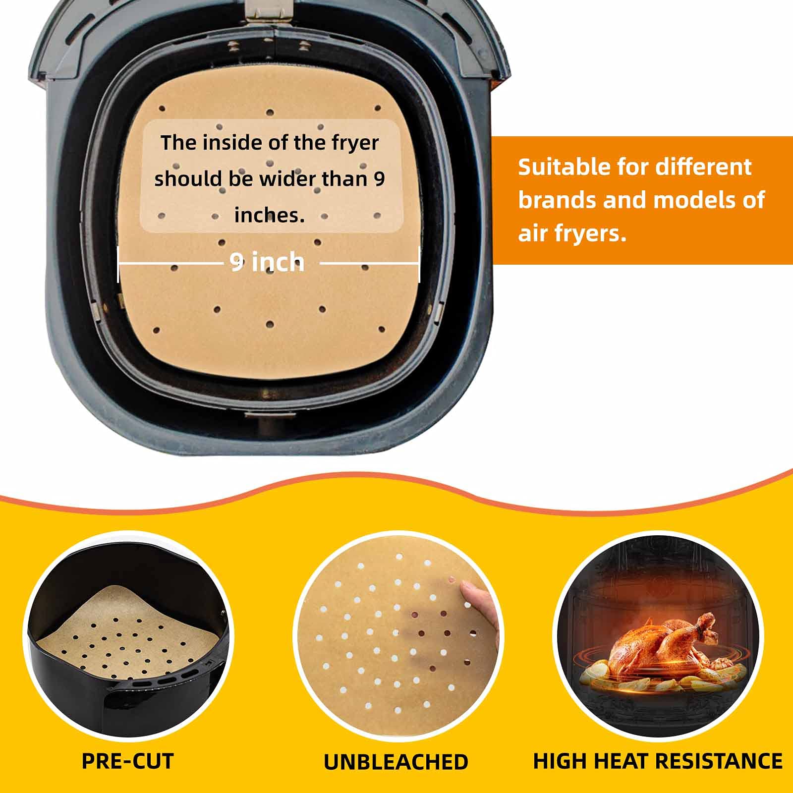 Katbite 200Pcs 9 Inch Air Fryer Parchment Paper, Heavy Duty Perforated Parchment Paper, Unbleached Air Fryer Parchment Paper Lin